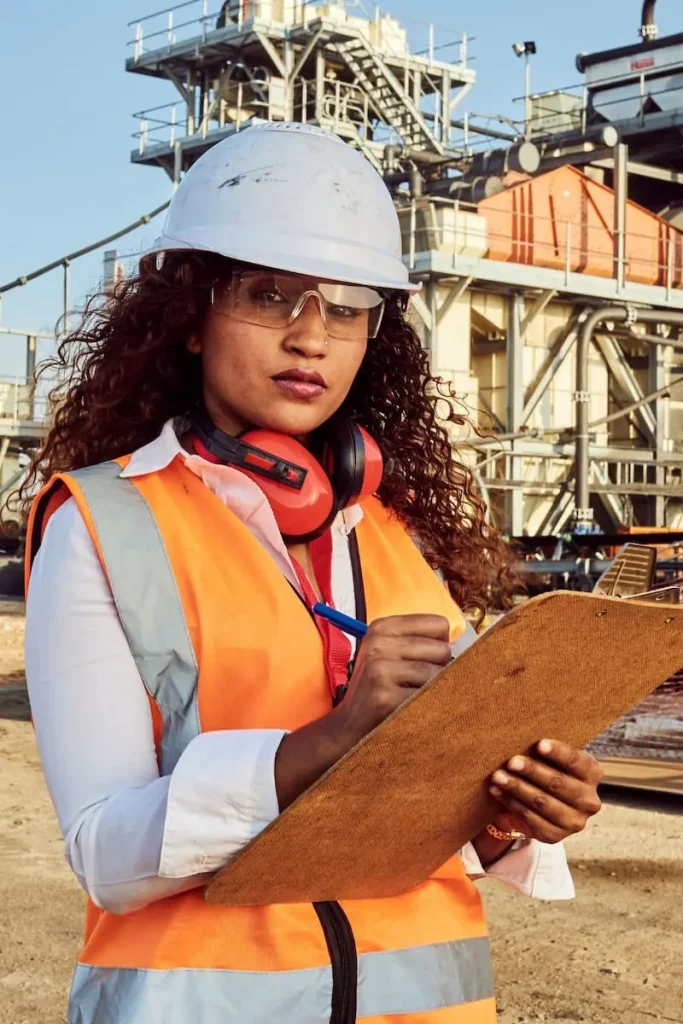 A young African woman mine worker wearing protective wear is looking at the camera while holding a clipboard.